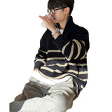 mens fall fashion Japanese Style Thick Striped Sweater Men's Autumn and Winter New Korean Style Trendy Loose Pullover Wool Sweater Top