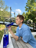 Korean style spring and summer new island ring refreshing blue white polo hollow knitted short-sleeved casual versatile top