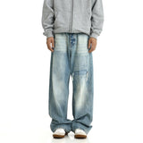 American retro ice blue straight jeans summer new vintage washed worn loose pants