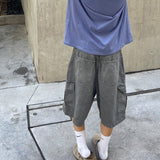 American retro washed denim shorts men's summer casual loose straight wide leg trendy brand pocket workwear cropped trousers