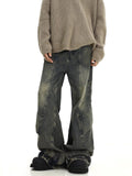 American retro distressed yellow mud washed jeans for men high street design splicing irregular drape flared pants