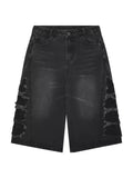 Summer new damaged washed old denim shorts men's loose American retro cut wide leg straight cropped trousers