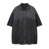 American high street gradient washed old denim short-sleeved shirt new summer ins trendy couple zipper shirt