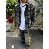 skater boy outfits American High Street Retro Niche Tie-Dyed Plaid Destroyed Frayed Shirt Shirt Men's Loose Autumn Long Sleeve Coat Fashion