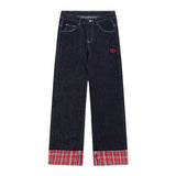 Small plaid stitching hem jeans women summer new retro wide-leg straight-leg versatile trousers