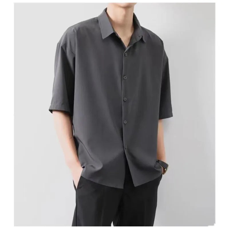 Premium Men Ice Silk Shirt Spring Summer Thin Luxury Loose Korean Business Shirt Solid Trendy Ruffle Draping Shirt Jacket