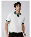 New Japanese Trendy Men Polo Shirt Light Luxury Slim-fit V Neck T-shirt Leisure Patchwork Short Sleeve Tops Retro Knitwear M-3XL