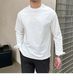 New Autumn Fashion Men T-shirt Light Luxury Solid Color Long Sleeve Tops Leisure Streetwear Casual O Neck Basic Shirts M-3XL