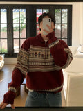 American style autumn and winter street fashion half zipper polo sweater for couples loose retro red Harajuku knit top y2k