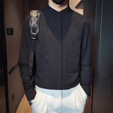 New Men Fashion Seersucker Shirts Long Sleeve Stand Collar Casual Drapped Solid Color Button-down Cardigan Japanese Style Tops