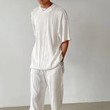 Mature Style Two-piece Set of Wavy Pleated Short-sleeved T-shirt Men's Loose Casual Straight-dial Long Trousers Tracksuit Summer