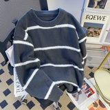 New Korean Trendy Men Sweater Light Luxury Knitted Drooping Stripe O Neck Long Sleeve Pullover Casual High Street Knitwear M-3XL