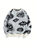 New American Trendy Men Sweater High Street Dark Eyes Printed Knit O Neck Long Sleeve Pullover Casual Loose High Street Knitwear