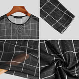Men's Transparent Plaid T-shirts Long Sleeve Sexy Slim Streetwear O Neck Fashion Tops