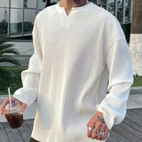 White V-neck Pleated Stripe T-shirt for Men Large Size Silky Soft Long Sleeved T-shirt Summer Loose No Ironing Bottomed Shirt