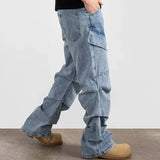 Cyber Y2K Stresswear Washed Blue Pleated Baggy New Jeans Cargo Pants For Men Designer Clothes Multi Pockets Denim Trousers