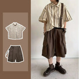 Summer Street Mens Two Piece Set Retro Striped Pocket Shirt+casual Wide Leg Tooling Shorts Sets Japanese College Couple Set