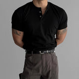 Spring Summer Casual Henley Shirts Mens Vintage Solid Color Buttoned O Neck Tees Men Stylish Slim Fit Short Sleeve T-shirt