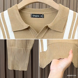 British Retro Men's Knitted Polo Shirt Light Luxury Patchwork Slim-fit Short Sleeve T-shirts Leisure Business  V-neck Tops M-3XL