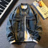 Spring Autumn Old Blue Loose Large Pocket Stand Collar Denim Jacket Men's Retro American High Street Zipper Jacket Top Urban