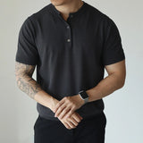 New Fashion American Style Men T-shirt Light Luxury Knitted Henry Collar Tees Casual Solid Color Short Sleeve Breathable Tops