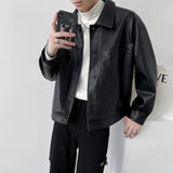 Autumn Mens Retro Lapel Short Long Sleeve Elegant British Pu Textured Leather Casual Jacket Loose Leather Jacket For Men