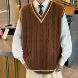 American Fashion Retro V-neck College Style Knitwear Vest Autumn Winter Fried Dough Twists Color Contrast Lovers Sleeveless Vest