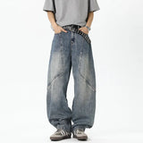 Mens Relaxed Fit Wide Leg Jeans Patchwork Design Floor Length Baggy Streetwear Casual Denim Pants 2025 Trendy Loose Trousers