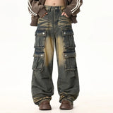 Spring and Autumn Trendy Street Personality Straight Tube Multi Pocket Work Clothes Jeans Couple Loose Retro Casual Pants y2k