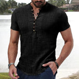 Men's Linen Cotton Short Sleeve T-shirt Solid Color  V-neck Button Tops Male Casual Clothing Trendy Dailywear Lightweight Tees
