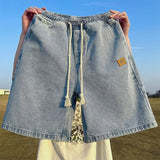 Men Basic Loose Outdoor Sports Casual Shorts Male Daily Knee Lenght Denim Short Pants Straight Wide Leg Wash Summer Short Jeans