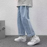 Men Retro Straight Leg Jeans Male Streetwear Baggy Wide Leg Denim Pants Fashion Classic Black Blue Loose Solid Color Trousers