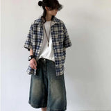 Summer Retro Men Set Checkered Fashion Short Sleeved Shirt+Big Pocket Washed Denim Shorts 2-piece High Street Trendy Unisex Suit