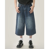 Summer Men Capri Short Jeans Male Fashion Retro Blue Denim Mid Pants Korean Casual Baggy Straight Wide Leg Calf Length Pants