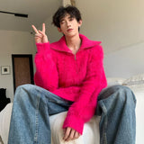 Korean Style Men's Knitting Tops Turn-down Collar Zipper Design Solid Color Casual Sweaters Loose Male Pullovers New