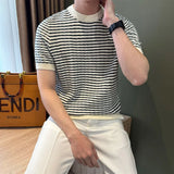 New Trend Men Striped T-shirt Light Luxury Popular Slim-fit O Neck Tees Leisure Premium Tops Korean Style Short Sleeve Knitwear