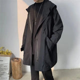 Hooded Trench Men Baggy Zip-up Overcoat Fashion Ulzzang Handsome Daily Pockets Mature Streetwear Personality Spring Autumn Soft