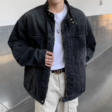 New High Street Men's Zip-up Denim Jackets Casual Washed Streetwear Stand Collar Texture Korean Harajuku Retro Long Sleeve Coats