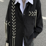 Unisex Vintage Punk Black Shirt Coat Men Women Spring Autumn Japanese Harajuku Tie Rope Top Versatile High Street Shirt