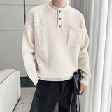 Korean Popular Men's Henry Collar Sweater Light Luxury Knit Long Sleeve Button Pullover Trending Jacquarded Solid Color Knitwear