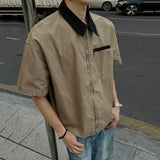 New Stylish Men's Shirt Short Sleeve Lapel Patchwork Collar Male Zipper Shirts Washed Summer Men Clothing Loose Fit
