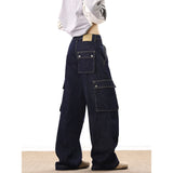 Harajuku Vintage Dark Blue Cargo Pants Jeans men Multi-pockets Male Loose Straight Denim Pants Four Seasons Trousers Streetwear