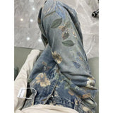 American hip-hop men and women trendy retro floral print straight leg jeans for couples loose and wide leg casual pants y2k