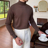 New Korean Fashion Men Sweater Light Luxury Trendy Turtleneck Knit Solid Color Pullover Leisure Retro Long Sleeve Basic Knitwear