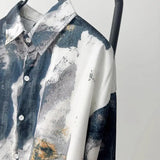 Men Trendy Vintage Ink Wash Tie Dye Print Lapel Button Up Shirt Y2K Harajuku Streetwear Long Sleeve Loose Tops Camisas De Hombre