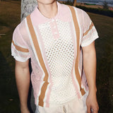 Vintage Striped Patchwork Knitting Polo Shirts For Men Summer Trendy Loose Hollow Out Polos Mens Tops Knit Short Sleeve T Shirt