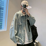 Denim Jackets Men Hole Raw Edge Streetwear Autumn All-match Long Sleeve Korean Commuting Style Youthful Teenagers Outwear Daily