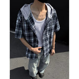 Summer Short Sleeved Shirt Men Fashion Retro Casual Hooded Shirt Men Streetwear Korean Loose Plaid Shirts Man Large Size 4XL
