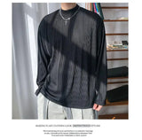 Long Sleeved T-shirt Men Casual Pleated T Shirt Men Japanese Streetwear Loose Ice Silk T Shirt Mens Stand Up Collar Tshirt