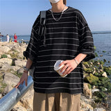 Black Summer Korea T-Shirt Men Funny Harajuku Tshirt Streetwear Femme Striped Japan O-Neck Loose Half Sleeve T Shirts Male